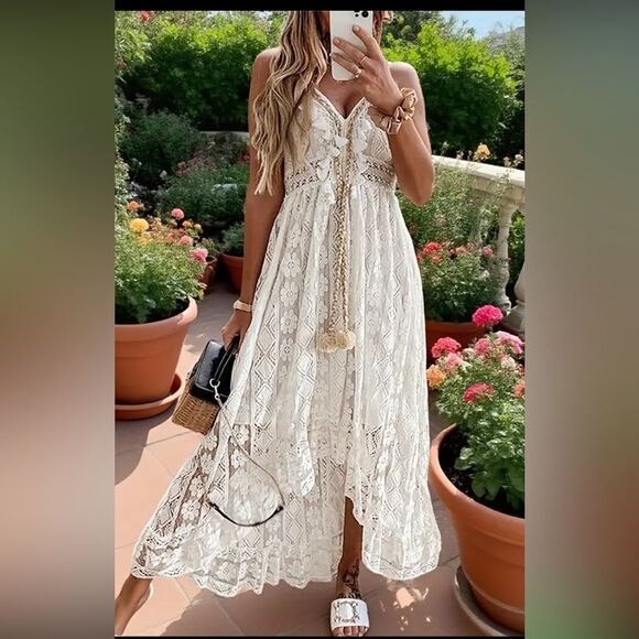 Unbranded Dresses & Skirts - Women's Lace Hollow Out Tassel Trim V Neck Bohemian Maxi Dress XXXL